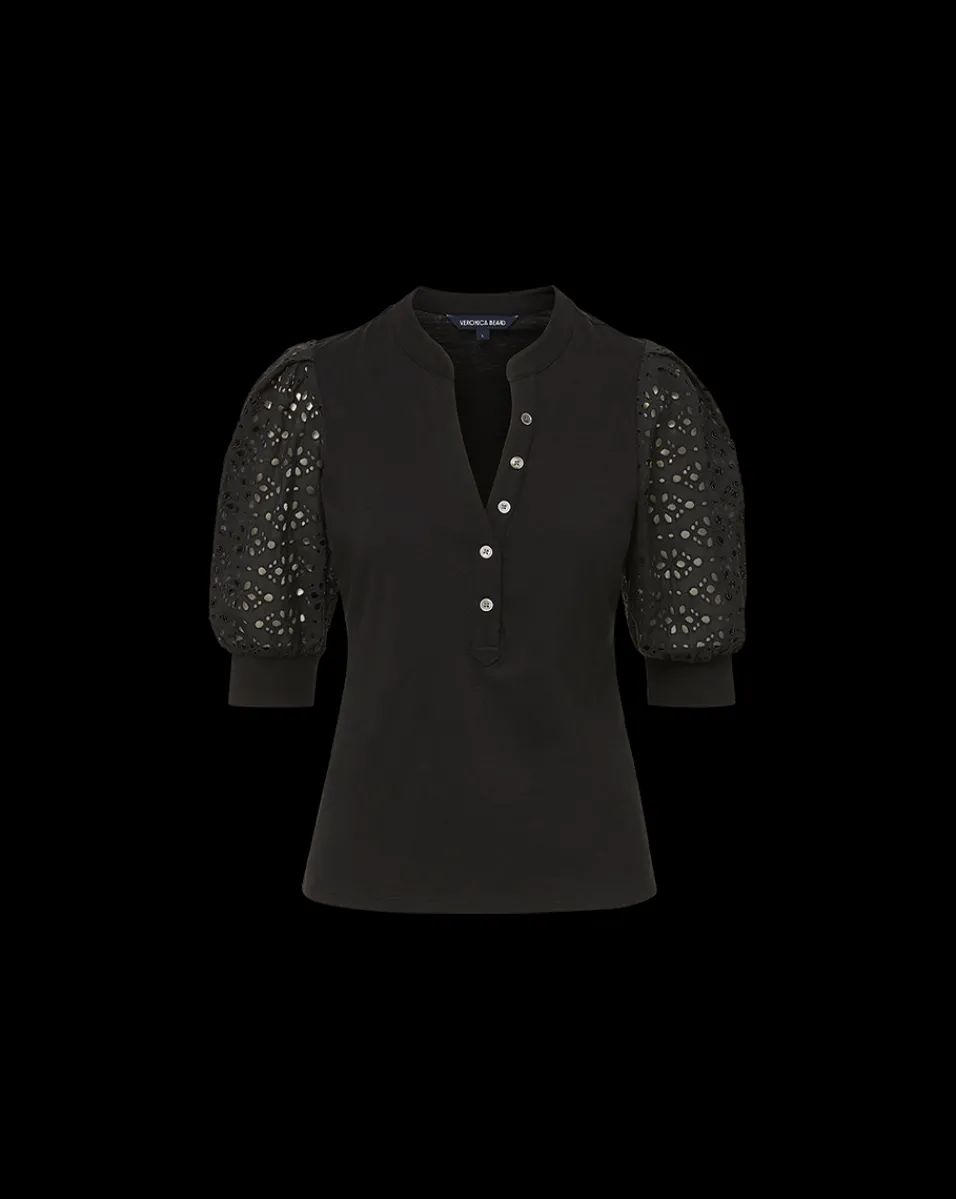 Veronica Beard Tops*Coralee Eyelet Puff-Sleeve Tee in Black