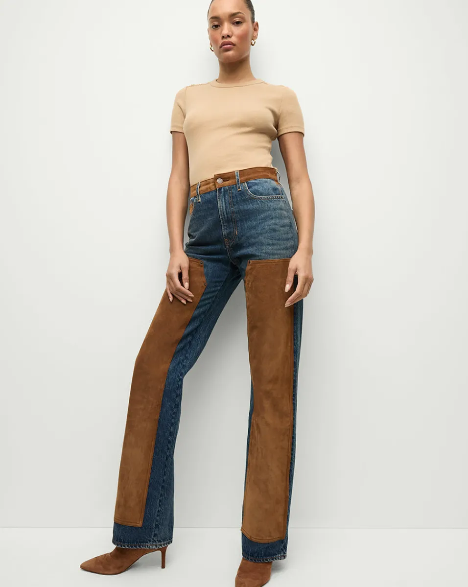 Veronica Beard Jeans|Matching Sets*Dylan Suede-Patchwork Straight-Leg Jean in Equinox Blue EquinoxBlue