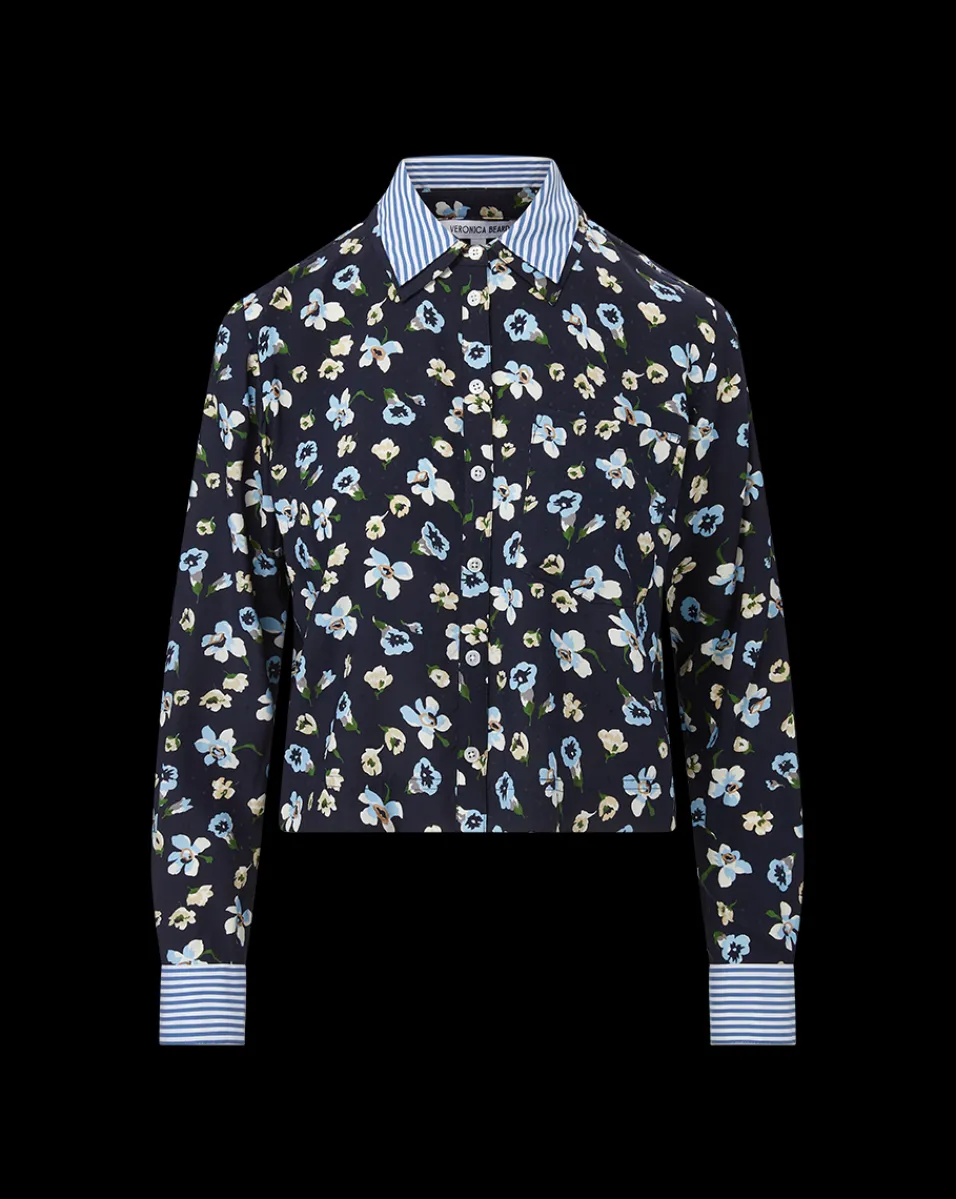 Veronica Beard Tops*Maia Floral Silk Double-Collar Shirt in Navy Multi NavyMulti