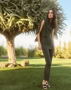 Veronica Beard Pants*Massaro Rib-Knit Skinny-Flare Pant ForestGreen