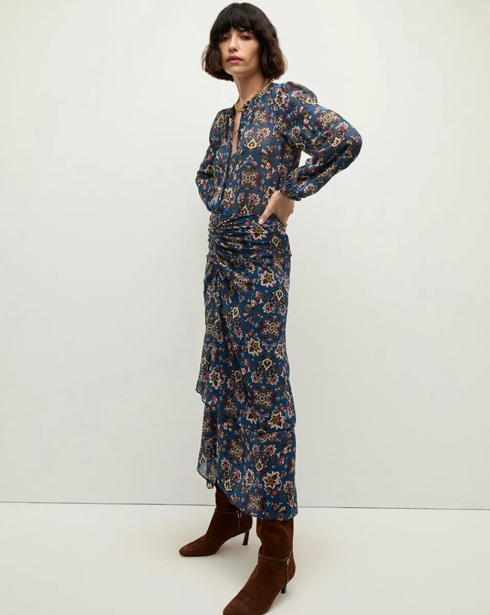 Veronica Beard Skirts & Shorts*Sira Long Ruched Silk Skirt in Blue-Stone-Multi BlueStoneMulti