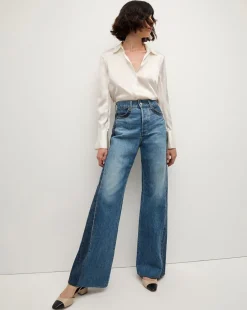 Veronica Beard Jeans*Taylor Two-Tone Wide-Leg Jean in Light & Medium Blue RebelBlueColorblock